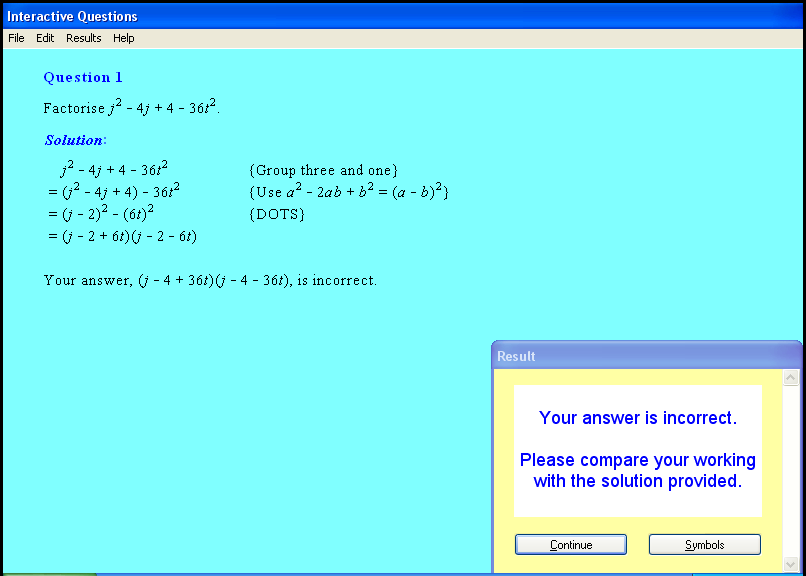A factorisation techniques chapter screen shot.