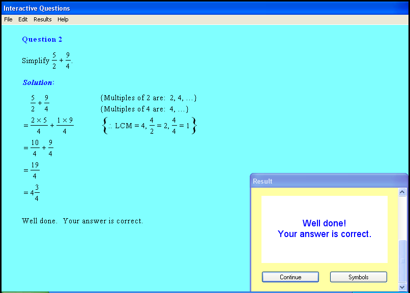 A fractions chapter screen shot.