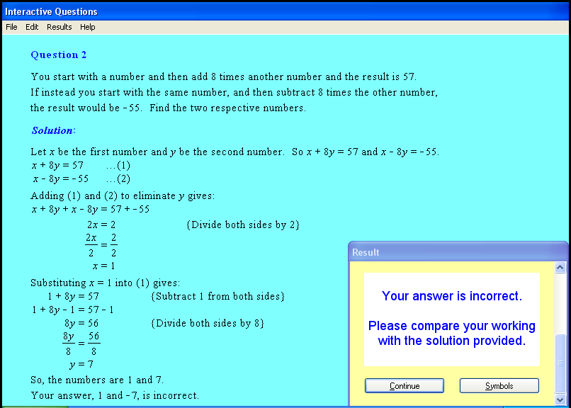 A simultaneous equations chapter screen shot.