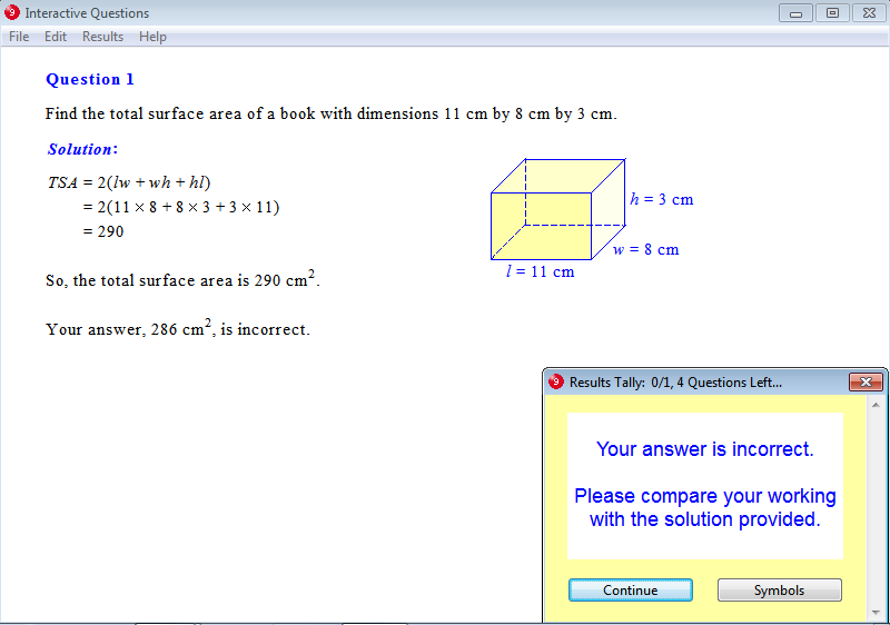 Solution for a question from Year 9 Interactive Maths, Chapter 14: Measurement, Exercise 16: Total Surface Area of a Cuboid.